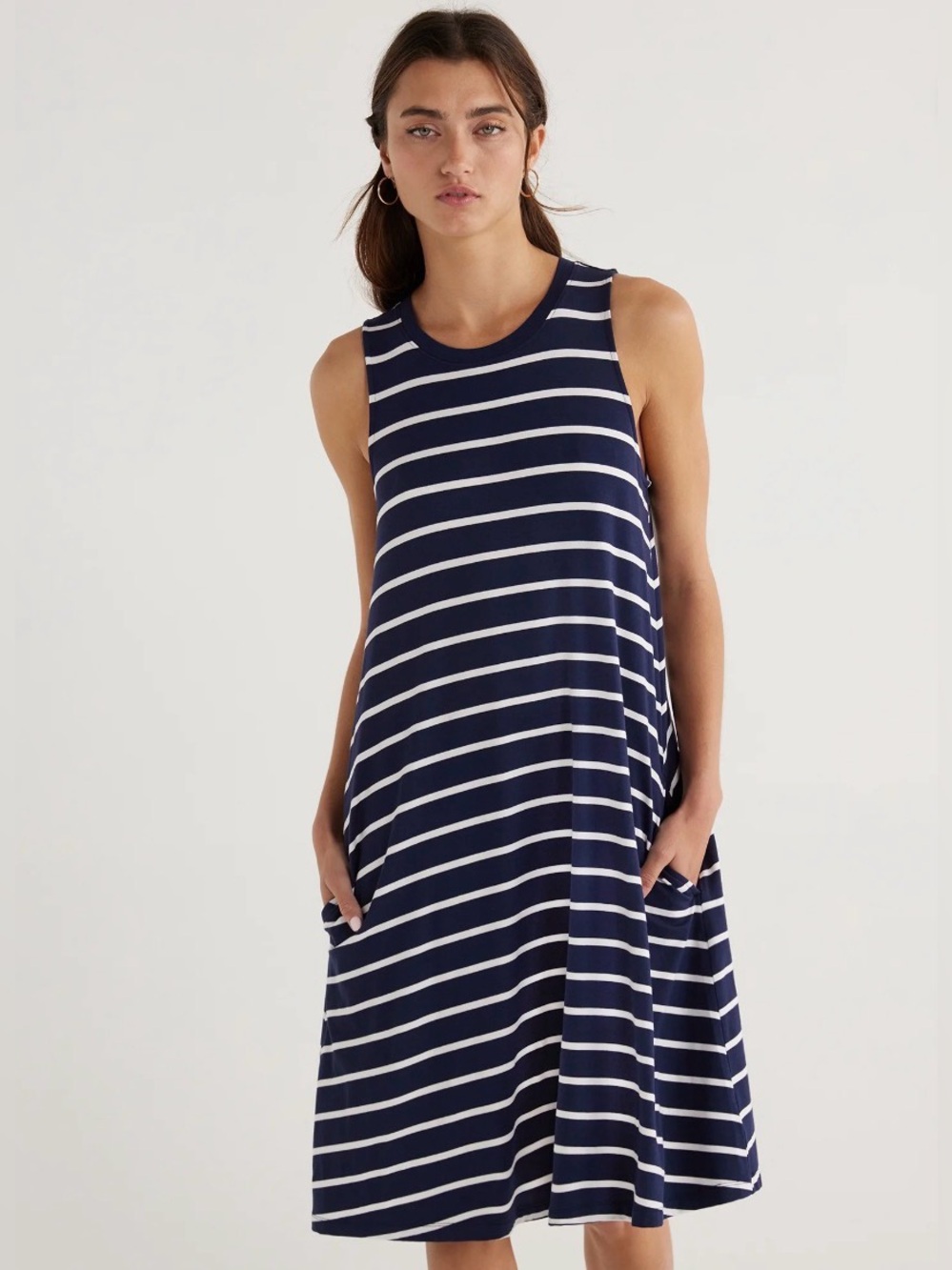 Navy and White Striped Sleeveless Swing Dress